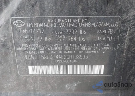 2012 Hyundai Elantra Gls z USA, uszkodzony, nr VIN 5NPDH4AE2CH138593